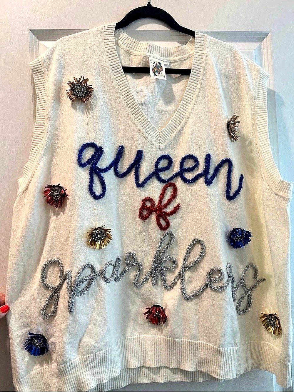 Queen of Sparkles Queen of Sparklers Sweater Vest Cream & Blue XXL